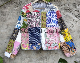 Giacche patchwork di cotone, giacca invernale fatta a mano in cotone indiano, giacca stile Boho, giacca Kantha trapuntata corta unisex,