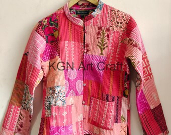 Giacca in tessuto con stampa a blocchi di cotone patchwork indiano con paches di seta, giacche da donna belle fatte a mano indiana, abbigliamento in stile donna Boho