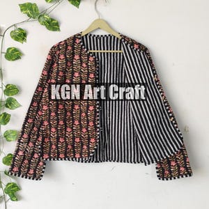 Cotton Quilted Jacket Robe, Indian Hand Block Print Fabric Quilted Jacket Short kimono Women Wear New Style white Flower Coat gift for her.