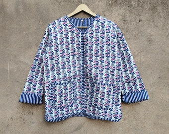 Veste matelassée en coton pour femmes avec passepoil à rayures kimono ouvert sur le devant Veste matelassée vintage faite main, manteaux, nouveau style, bleu bohème