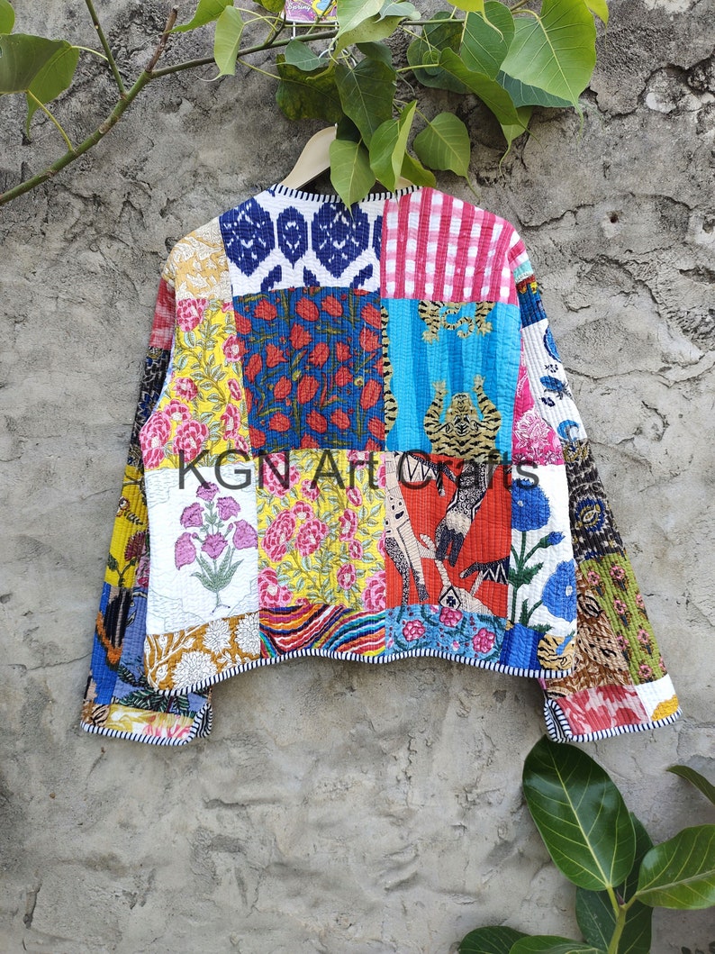 cotton Patchwork Jackets, Indian Cotton Handmade Winter Jacket Coat, Bohemian Style Jacket, Unisex Short Quilted Kantha Jacket, image 4