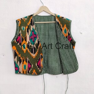Gilet en coton, gilet imprimé ikat, veste imprimée floral vert, gilet court pour femmes, gilet en coton de marque, vestes hippie bohème image 8