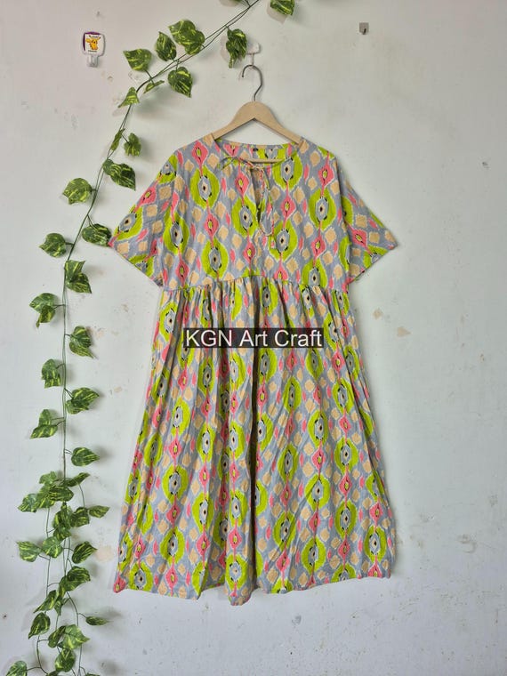 Ikat Print Women Midi Long Dress, Organic Cotton Women Wear Dress, Party Wear Light Weight Comfort Long Dress Indian Handmade Tunic Dress,