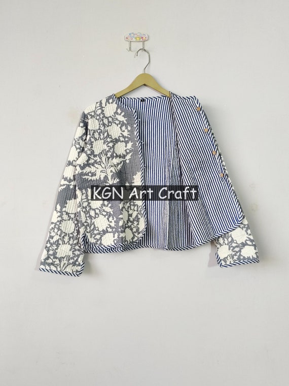 Jacket Reversible Strip Quilted Kantha Jacket Stylish Party Wear Indian Short Block Print Jacket, Cotton Quilted Handmade Jacket,