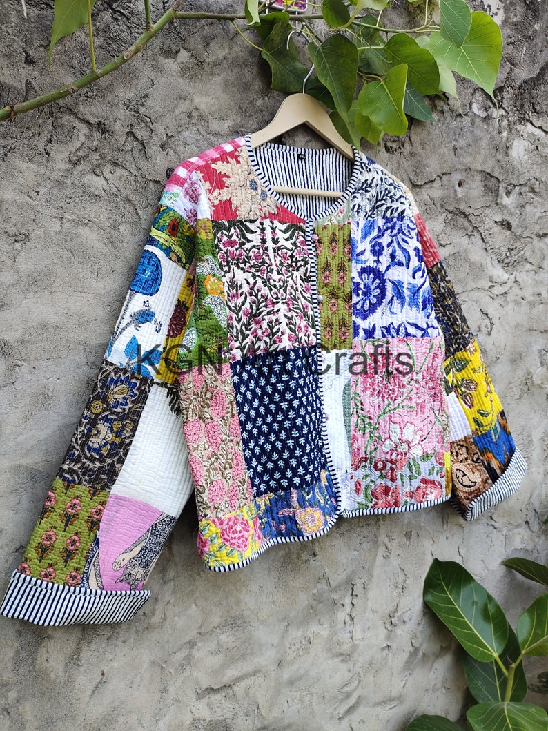 cotton Patchwork Jackets, Indian Cotton Handmade Winter Jacket Coat, Bohemian Style Jacket, Unisex Short Quilted Kantha Jacket, image 8