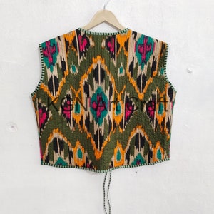 Gilet en coton, gilet imprimé ikat, veste imprimée floral vert, gilet court pour femmes, gilet en coton de marque, vestes hippie bohème image 7