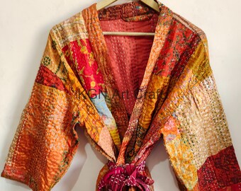 Vintage Seiden Kimono, Vintage Recycelte Seide Kantha Jacke, Seide Kantha Baumwolle Knielange Patchwork Wende Kimono Jacke Unisex Robe