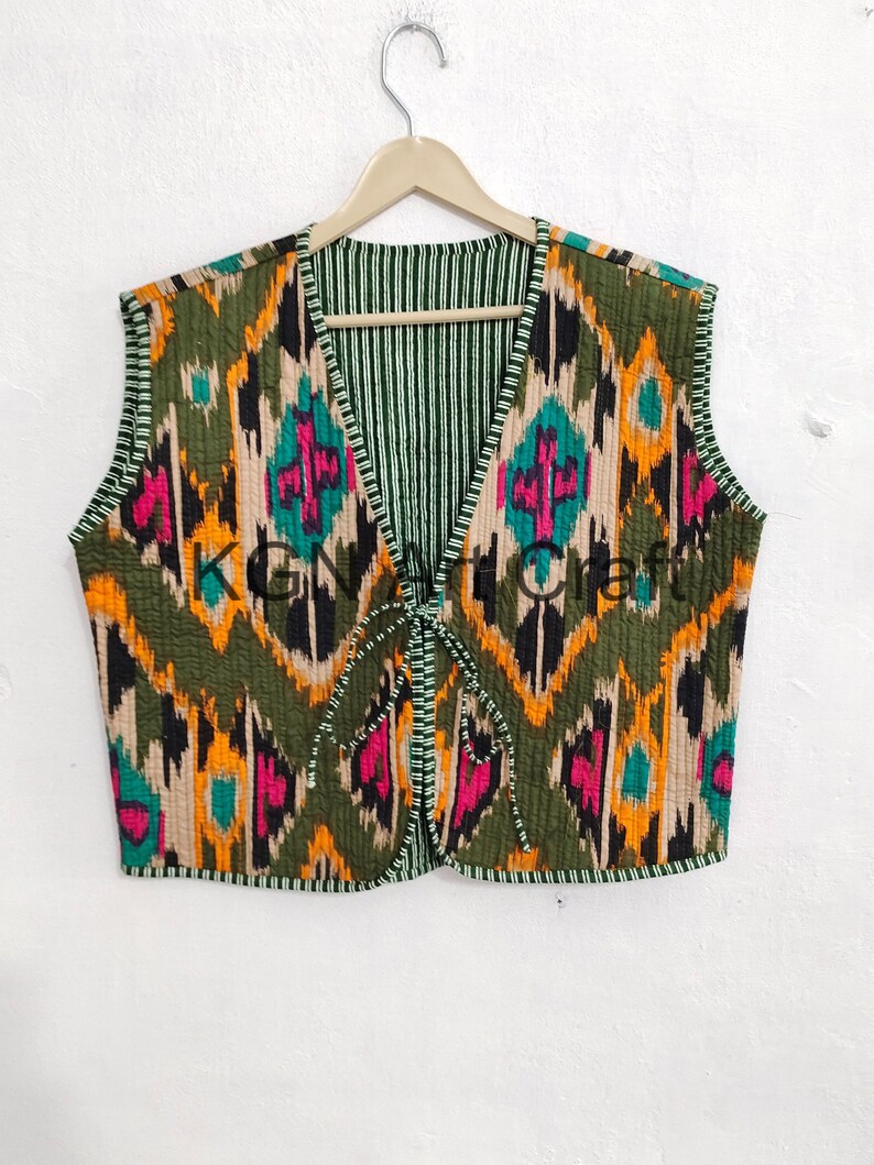 Gilet en coton, gilet imprimé ikat, veste imprimée floral vert, gilet court pour femmes, gilet en coton de marque, vestes hippie bohème image 1