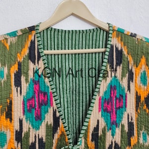 Gilet en coton, gilet imprimé ikat, veste imprimée floral vert, gilet court pour femmes, gilet en coton de marque, vestes hippie bohème image 5