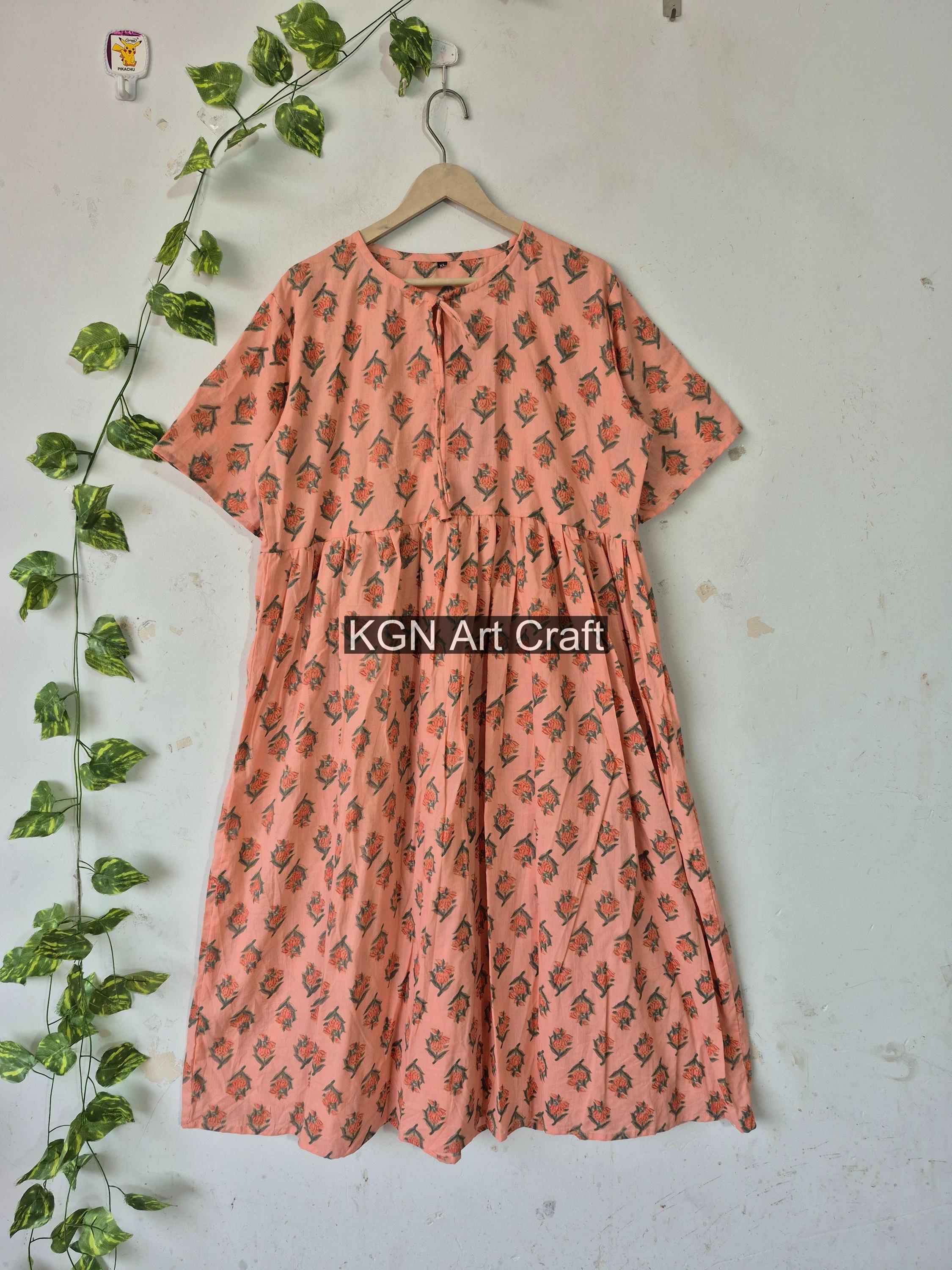 Peach Colour Block Print Midi Mini Women Girls Dress,deep Neck With String Closer Bohemian Dresses Wedding Bohemian Boho Hippie Giftsdress
