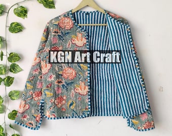 Block gedruckte gesteppte Jacke, indischer Handblockdruck-Stoff gesteppte Jacke Kurzer Kimono-Frauen tragen neue Art-Baumwolljacke, Geschenk für sie.
