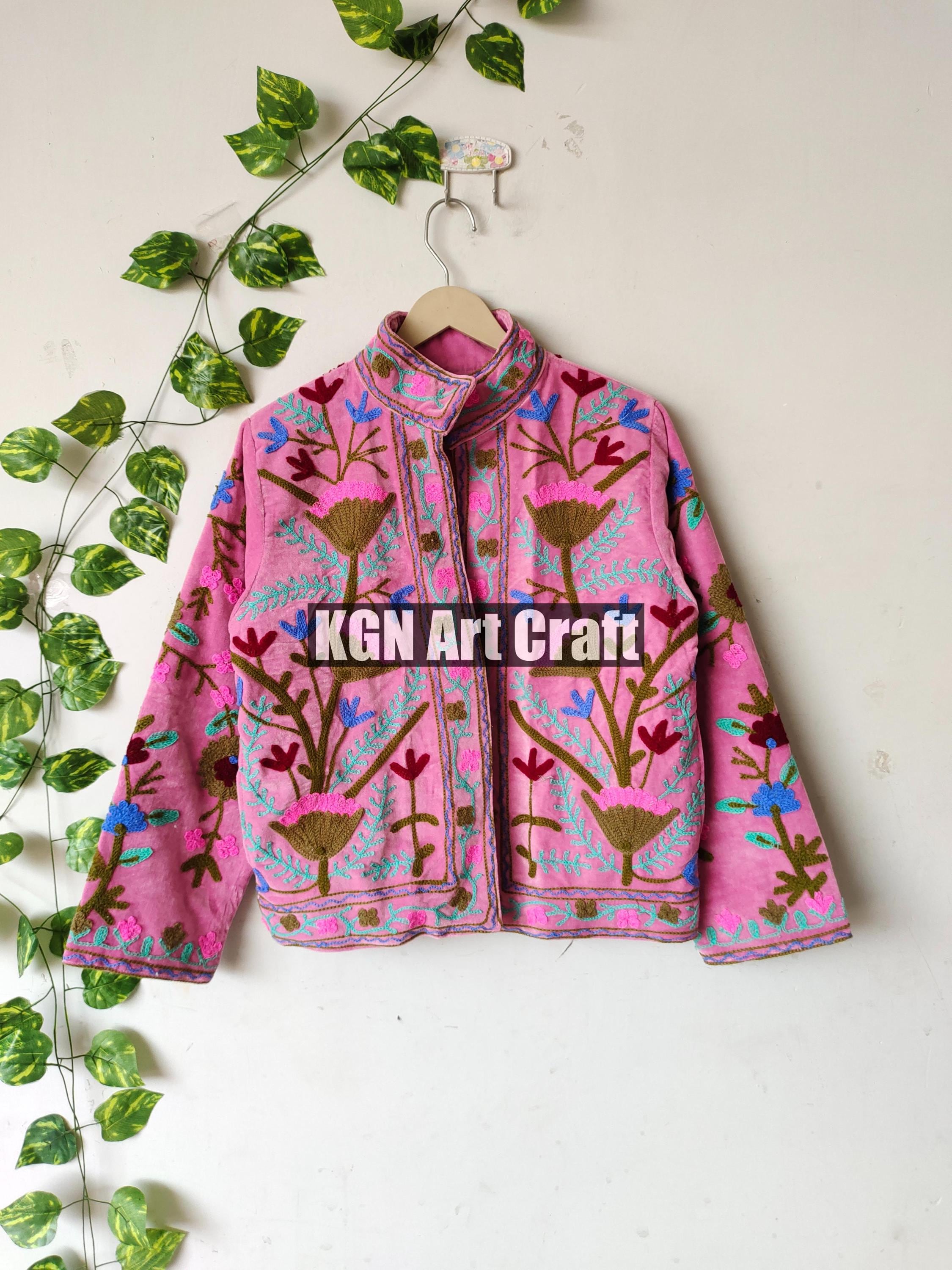 Pink Velvet Suzani Embroidery Jacket, TNT Fabric Suzani Jacket, Womens Coat, Suzani Vest, Unisex Coat, Velvet Suzani Short Quilted Jacket