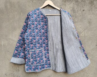 Veste matelassée en coton pour femmes avec passepoil à rayures kimono ouvert sur le devant Veste matelassée vintage faite main, manteaux, nouveau style, bleu bohème