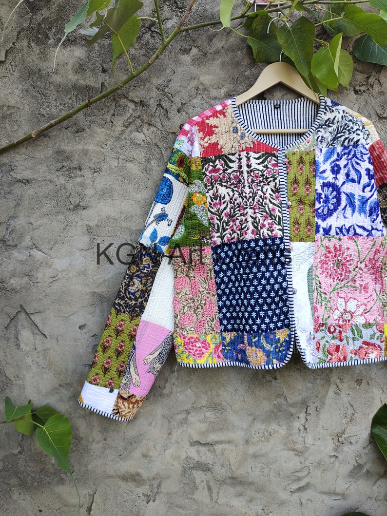 cotton Patchwork Jackets, Indian Cotton Handmade Winter Jacket Coat, Bohemian Style Jacket, Unisex Short Quilted Kantha Jacket, image 5