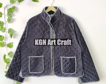 Women Wear Velvet Quilted Jacket Indian designer Handmade Coat Reversible Short Girl Wear Quilted Stylish Party Wear Jacket With Two Pocket