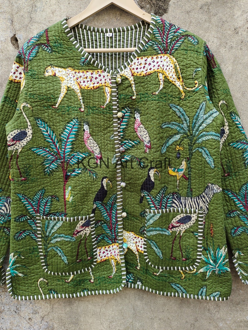 Veste matelassée dans la jungle, veste matelassée en coton que les femmes portent sur le devant, passepoil à rayures kimono ouvert sur le devant, manteaux, nouveau style, vêtements bohèmes double face image 4