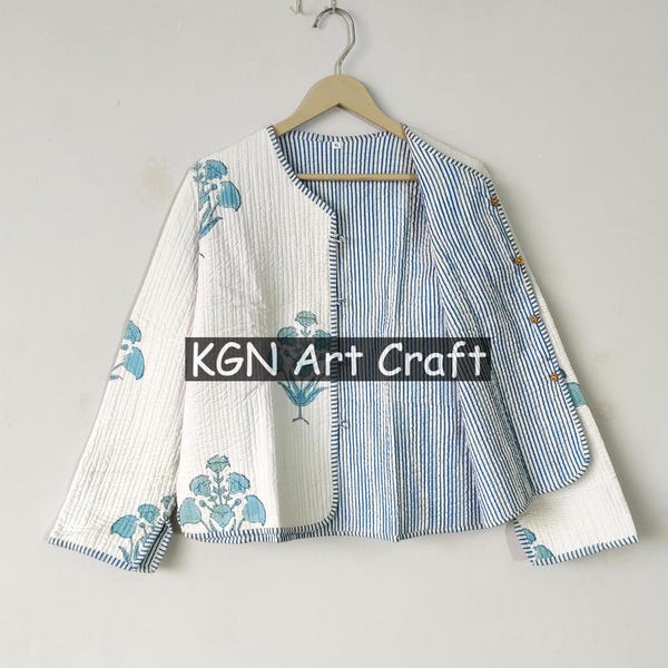 New Printed Jacket, Cotton Quilted Handmade Cotton Floral Jacket Reversible Strip Quilted Cotton Jacket Party Wear Gift For Women's
