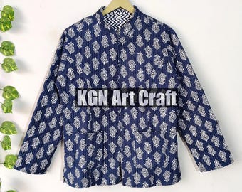 Block Printed Cotton Quilted Jacket, Handmade Cotton Floral Jacket Reversible Strip Quilted Jacket Party Wear Gift For Women's Cotton Jacket