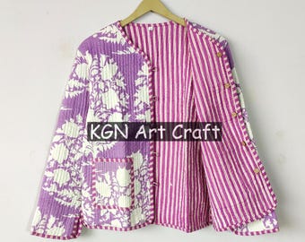 Vintage Bohemian Style Quilted Jacket Hand Block Printed Indian Fabric Cotton Quilting Jackets Gift for Women's Floral Short Quilted Jacket