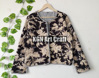 Chaqueta reversible acolchada de Kantha con tiras, elegante chaqueta india corta con estampado de bloques, chaqueta acolchada de algodón hecha a mano.