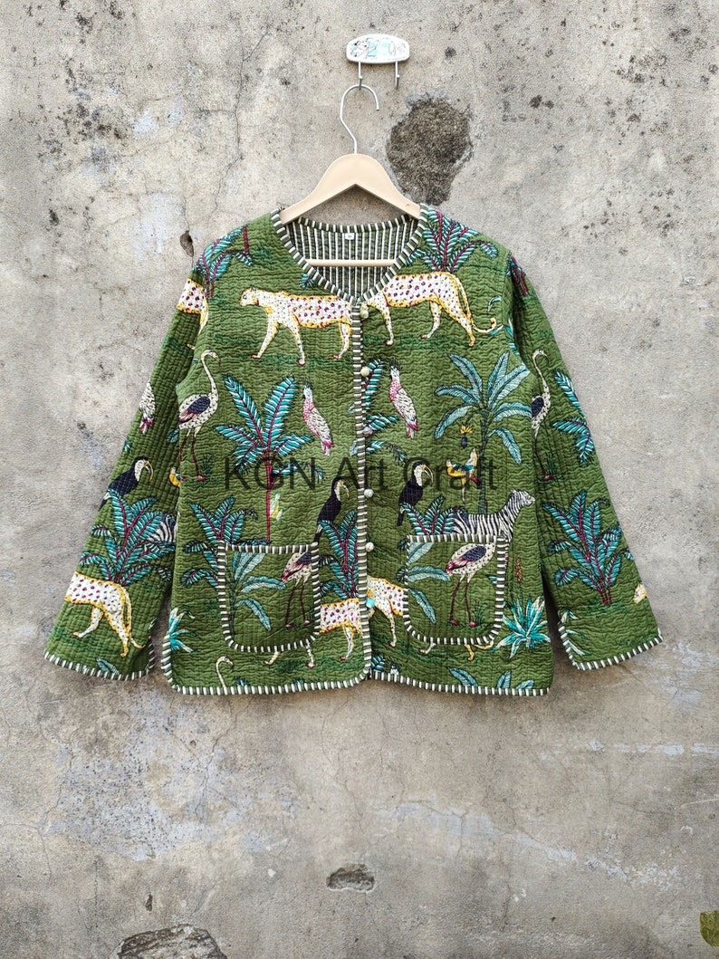 Veste matelassée dans la jungle, veste matelassée en coton que les femmes portent sur le devant, passepoil à rayures kimono ouvert sur le devant, manteaux, nouveau style, vêtements bohèmes double face image 3