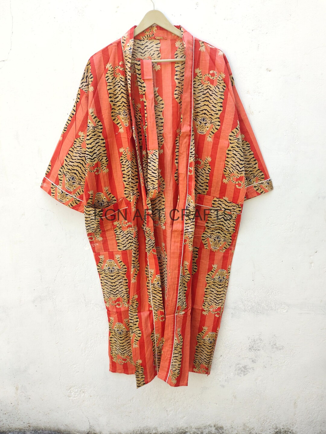 Beautiful Orange Color Tiger Print Kimono, Indian Women's Cotton Kimono
