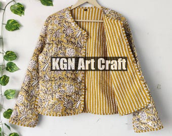 Women Wear New Style Cotton Jacket, Block Printed Quilted Jacket, Indian Hand Block Print Fabric Quilted Jacket Short kimono gift for her.