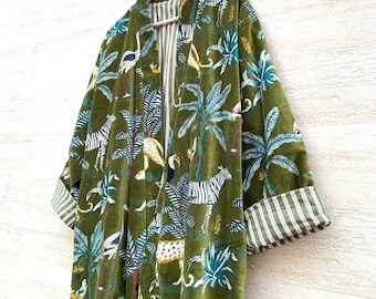 Green Jungle Print Velvet Kimono Robes, Morning Tea Velvet Coat, Bridesmaid Robe, Women Wear Cotton Velvet robe, Velvet Jacket, Bridal Robe