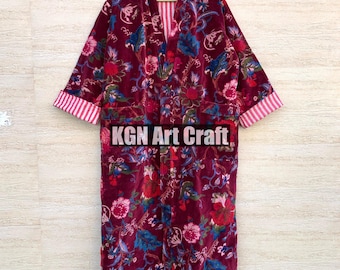 Velvet Kimono Robes, Morning Tea Velvet Coat, Bridesmaid Robe, Women Wear Cotton Velvet robe, Velvet Jacket, Red Bird Print Bridal Robe,