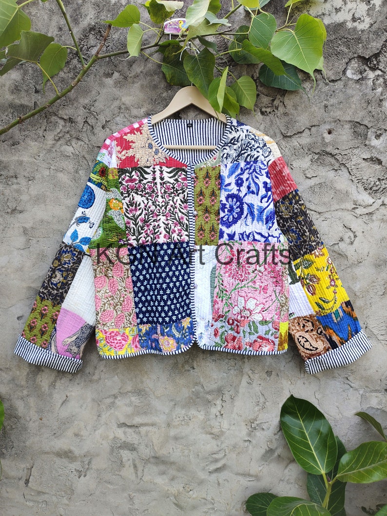 cotton Patchwork Jackets, Indian Cotton Handmade Winter Jacket Coat, Bohemian Style Jacket, Unisex Short Quilted Kantha Jacket, image 3