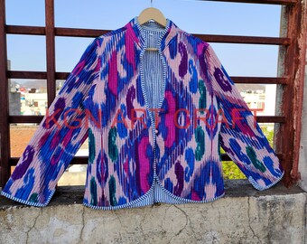 Cotton Hand Made Kantha Jacket Quilted Jacket HandMade Vintage Quilted Jacket , Coats , New Style, Blur Ikat Jacket