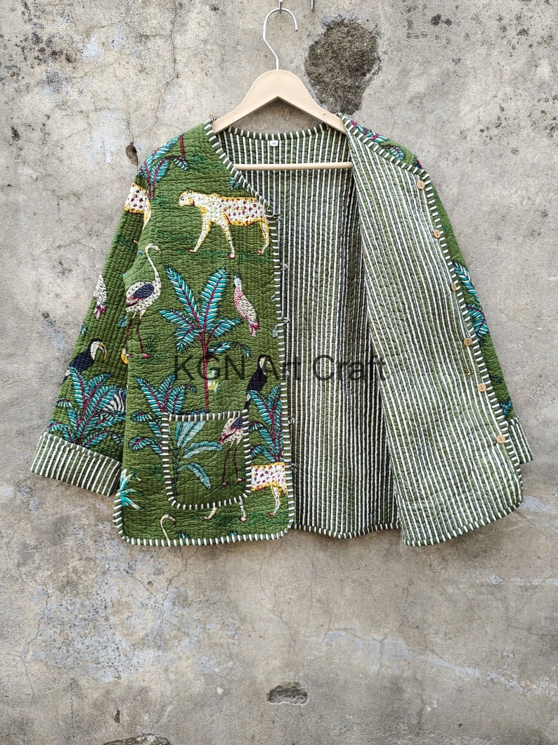Jungle Quilted Jacket, Cotton Quilted Jacket Women Wear Front Open Kimono Stripe piping HandMade, Coats , New Style, Boho double side wear zdjęcie 1