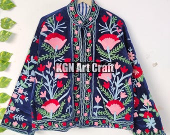 手刺繍のベルベット スザニ ジャケット ボヘミアン レディース ボンバー ヒッピー ジャケット 贅沢なベルベット ジャケット、フリーサイズ 刺繍入り スザニ ジャケット