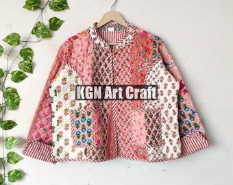 Vintage Bohemian Style Quilted Jacket Hand Block Printed Indian Fabric Cotton Quilting Jackets Gift for Women pach work Short Quilted Jacket