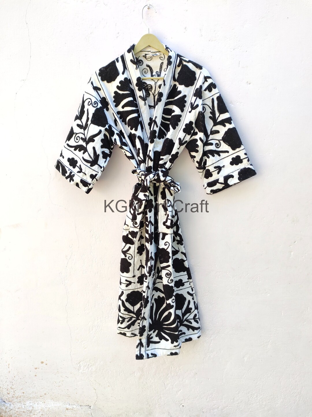 Suzani Work Kimono, Hand Embroidered Robe, Black and White Tie Belt