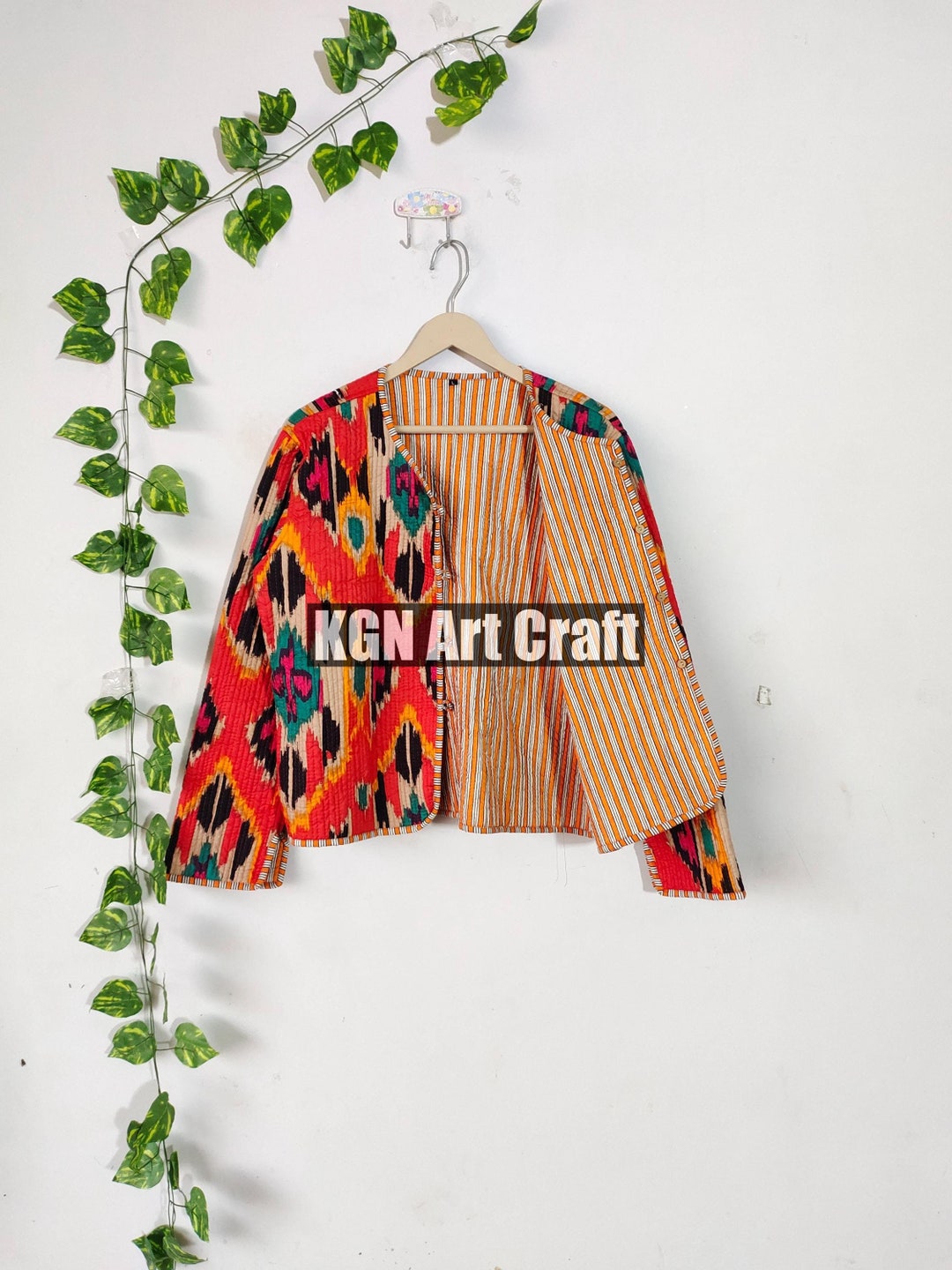 Hand Made Quilted Cotton Jacket, Reversible Party Wear Ikat Print