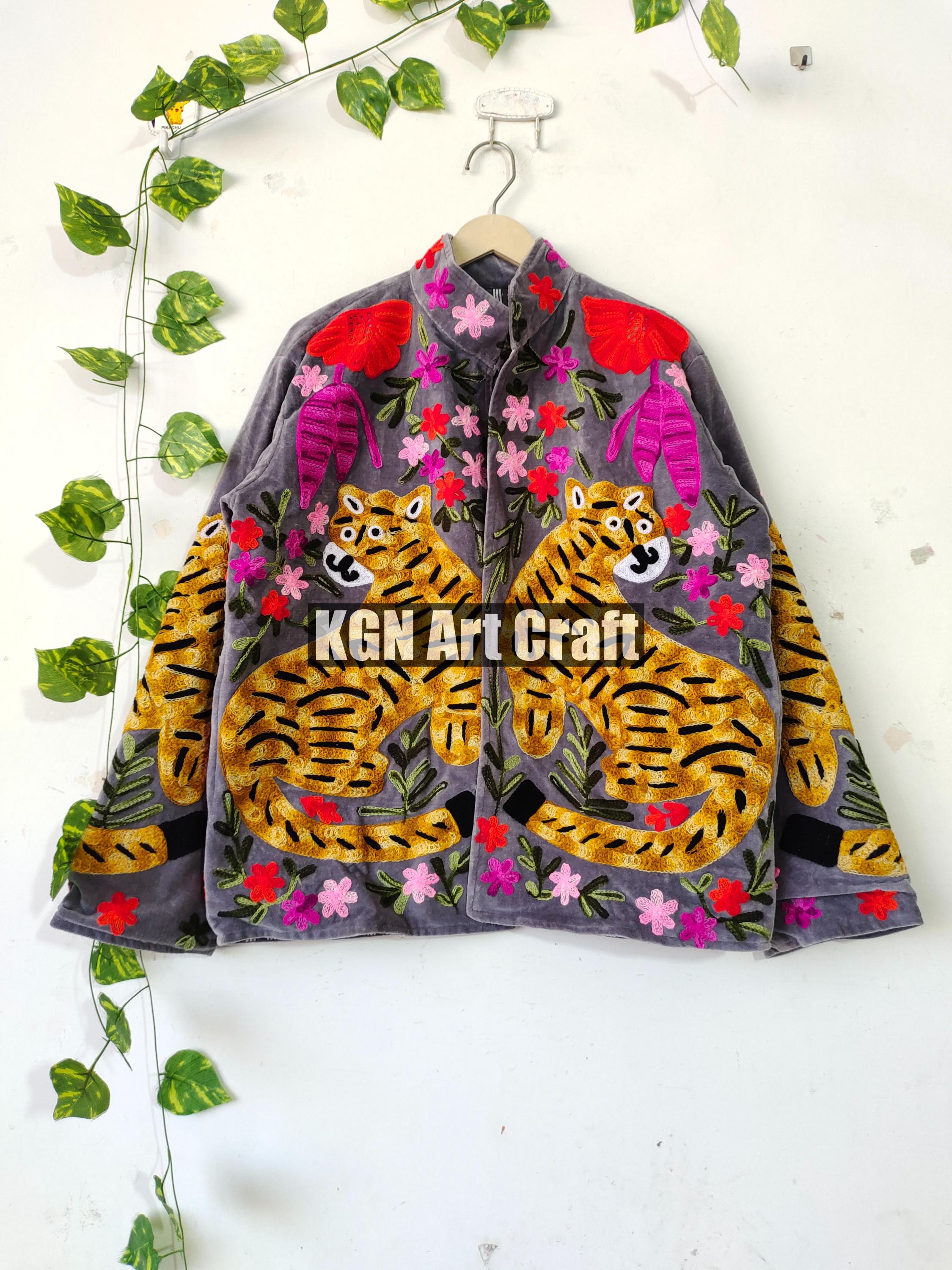 Tiger Floral Embroidery Handcrafted Velvet Suzani Jacket Coat