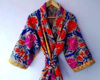 Suzani Hand Embroidered Short Jacket Indian Handmade Kantha Quilt Kimono Jacket Kimono Kantha Quilt Kimono Women Wear Front Side Open Jacket