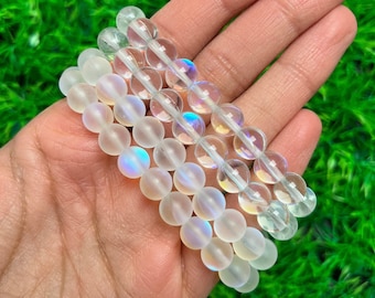 Angel Aura Quartz Bracelet | 8mm Matte & Clear Aura Quartz Bracelet | Strength, Stress Relief, Motivation, Attraction | Anxiety Control Gift