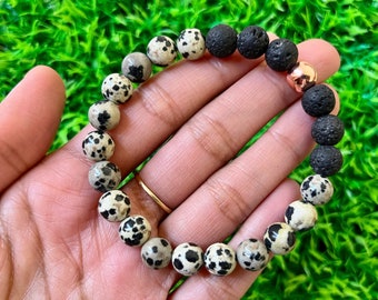 Bracelet Diffuseur Jaspe Dalmatien | Aromathérapie | Bracelet de perles de lave | Bracelet Diffuseur | Bracelet d'huiles essentielles | Diffuseur d'huiles essentielles