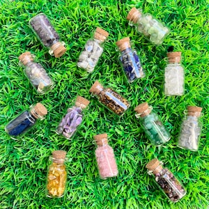 Può includere: Una collezione di 14 piccole bottiglie di vetro riempite con cristalli e pietre di vari colori. Le bottiglie hanno tappi di sughero e sono disposte su una superficie verde erbosa.