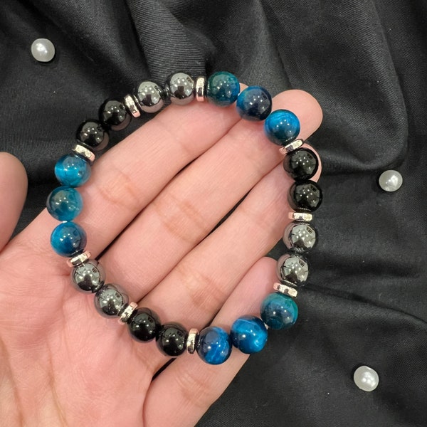 Armband zur Angstlinderung für Männer | 8 mm blaues Tigerauge, Onyx und Hämatit-Armband | Männlicher Komfort | Schutzkristalle | Schmuck für Männer