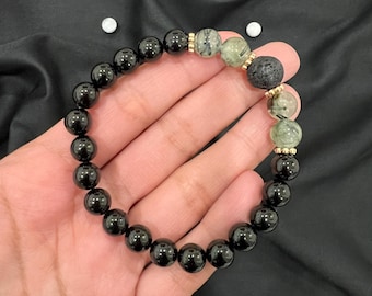 Armband zwarte toermalijn, prehniet en lavasteen, 3-in-1 energiekralenarmband, cadeau spirituele groei, aardingsarmband voor dagelijks gebruik