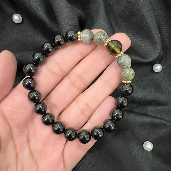 Black Tourmaline + Prehnite + Moldavite Beaded Bracelet - 3 in 1 Power Bracelet - Black Magic Protection - Spiritual Protection & Awakening