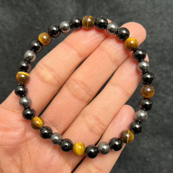 Triple Protection Bracelet | Tiger Eye, Black Tourmaline & Hematite Gemstone Bracelet | Protection Crystal | Spiritual Protection | Strength