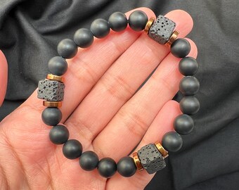 Men's 8MM Black Onyx Matte with Lava Cube Bead Bracelet, Protection Bracelet, Gift for Men, Healing Gift, Masculine Comfort, Jewelry for Men