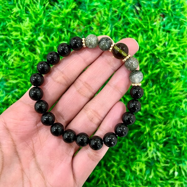 Black Tourmaline + Prehnite + Moldavite Beaded Bracelet - 3 in 1 Power Bracelet - Black Magic Protection - Spiritual Protection & Awakening