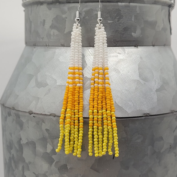 Beaded tassel earrings. Candy corn tassel earrings. Indigenous fringed earrings. Native American beaded earrings. Dangle earrings