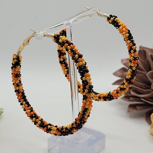 Halloween hoop earrings.Beaded black and orange mix hoop earrings.Indigenous hoop earrings. Every child matters hoop earring