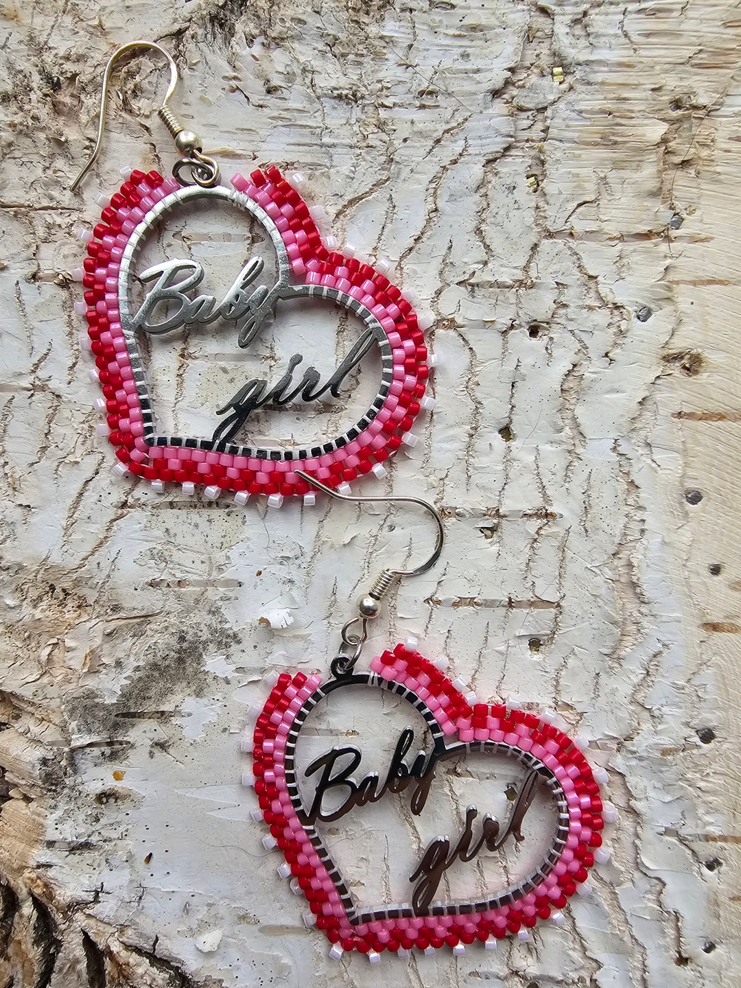 Baby Girl Hoop Earrings. Native American Beaded Heart Hoop Earrings
